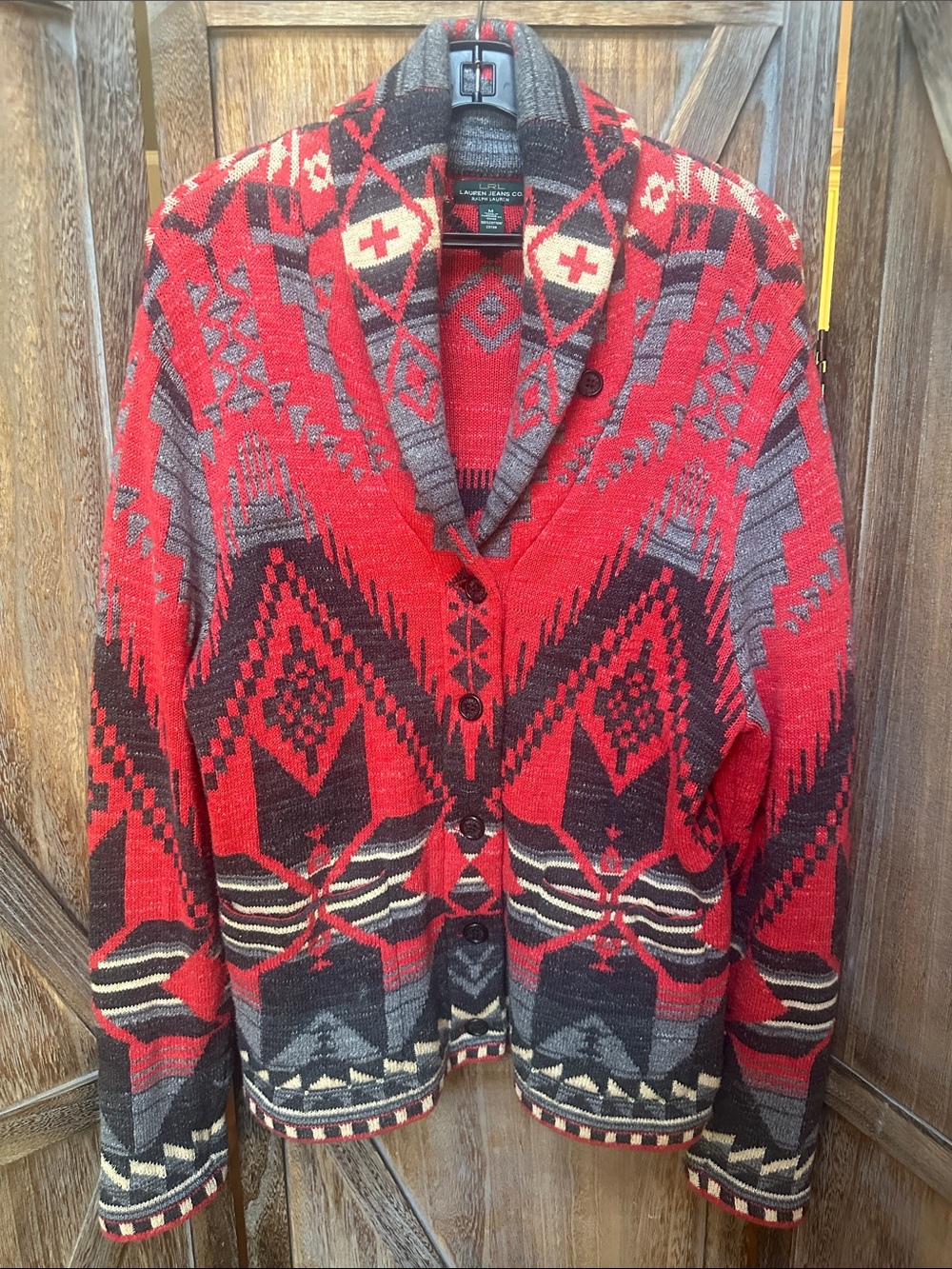 Lauren Ralph Lauren Native Aztec Southwest Western Knit Shawl Cardigan Sweater